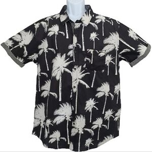 DISTORTION MEN'S MODERN Black Cotton Palm Leaf Tropic Print Hawaiian Shirt Top